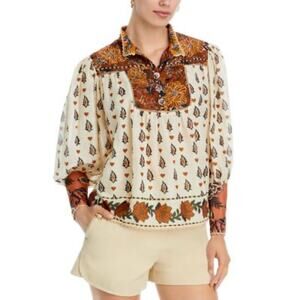 Nwot FARM RIO Top L Cream Brown Floral Pearly-Button Crochet Puff-Balloon-Sleeve